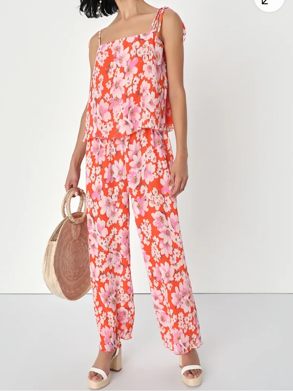 LuLu’s Sunshine Times Orange Floral Print Tie-Strap Cami Top & Pants Sz Large